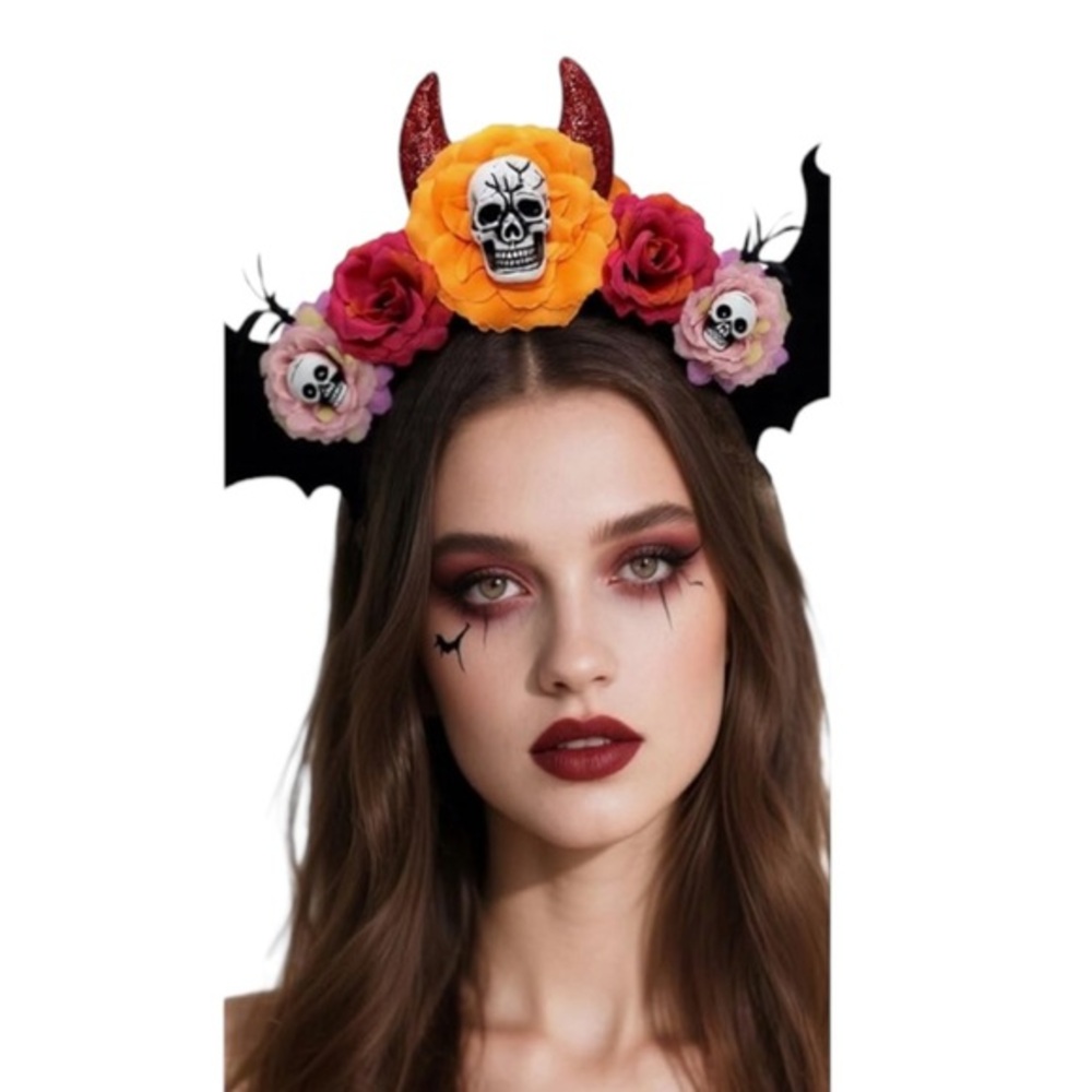 NWT Halloween Skull & Flowers Bat Head Adjustable Hair Accessories